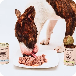 mokra karma dla psa na talerzu obok dwóch otwartych puszek Tytuł: Mokra karma premium dla psa