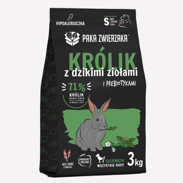 Karma sucha dla psa PAKA ZWIERZAKA królik z dzikimi ziołami PUPPY S 3 kg