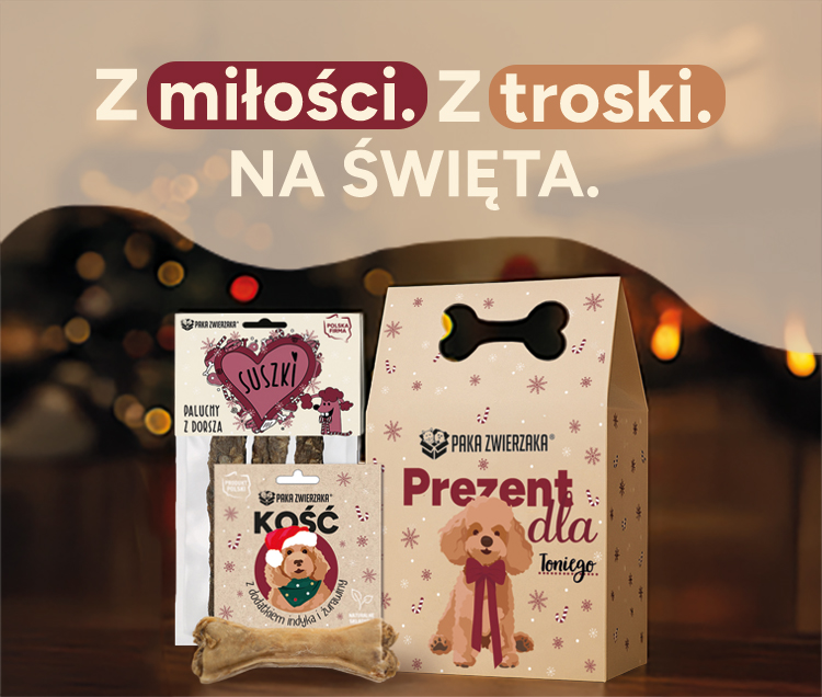 Świąteczny zestaw prezentowy dla psa Paka Zwierzaka, zawierający suszki z dorsza, kość z dodatkiem indyka i bananów oraz ozdobne opakowanie w zimowym stylu to idealny prezent dla pupila na święta.