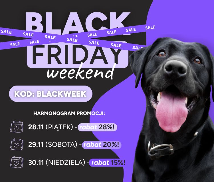 Czarny labrador z wystawionym językiem obok grafiki Black Friday Weekend i rabatów na karmę naturalną.