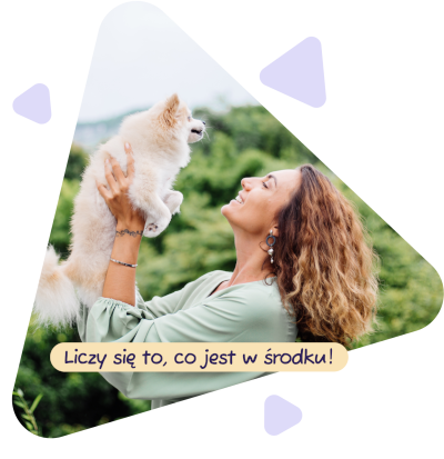 Kobieta trzymająca małego psa na tle zieleni w grafice z hasłem