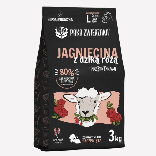 Karma sucha dla psa PAKA ZWIERZAKA jagnięcina z dziką różą PUPPY L 3 kg